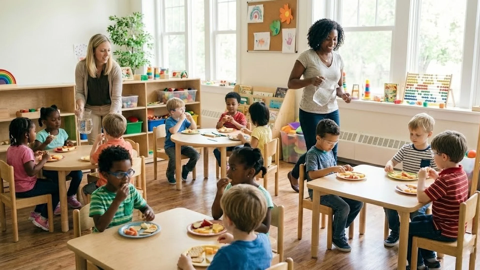 Children and caring educators learning together in a bright classroom