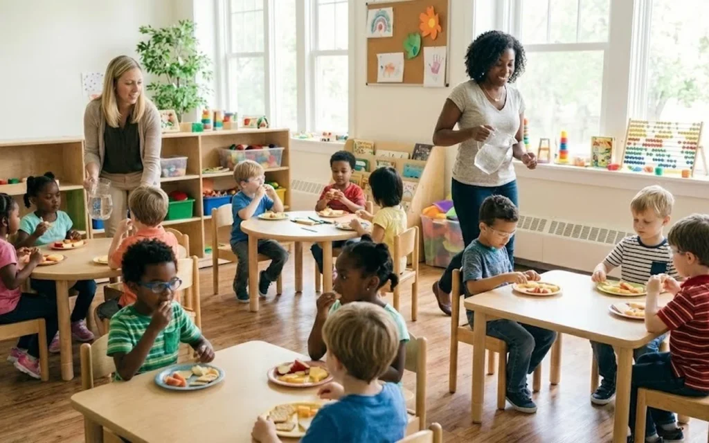 Children learning together in a bright classroom
