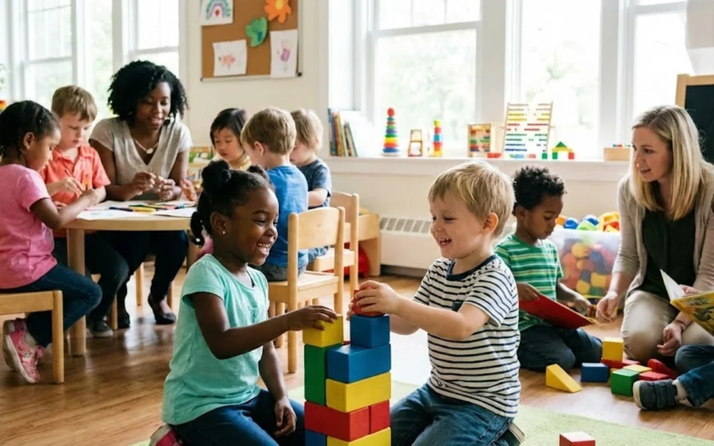 Children and caregivers enjoying active group play